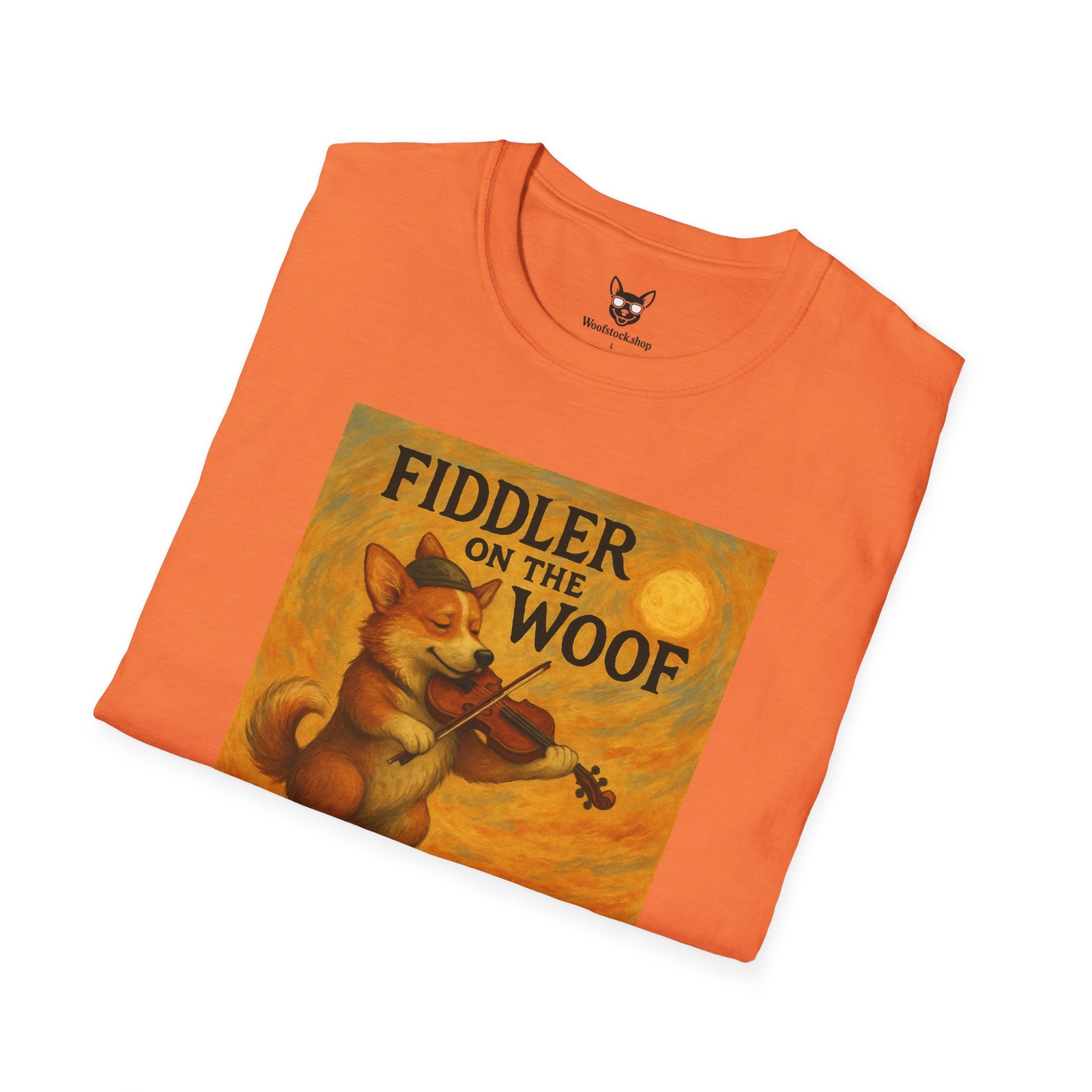 Fiddler on the Woof Broadway Poster Dog Parody Unisex Softstyle T-Shirt -- Funny Broadway Movie Tee for Theater and Dog Lovers